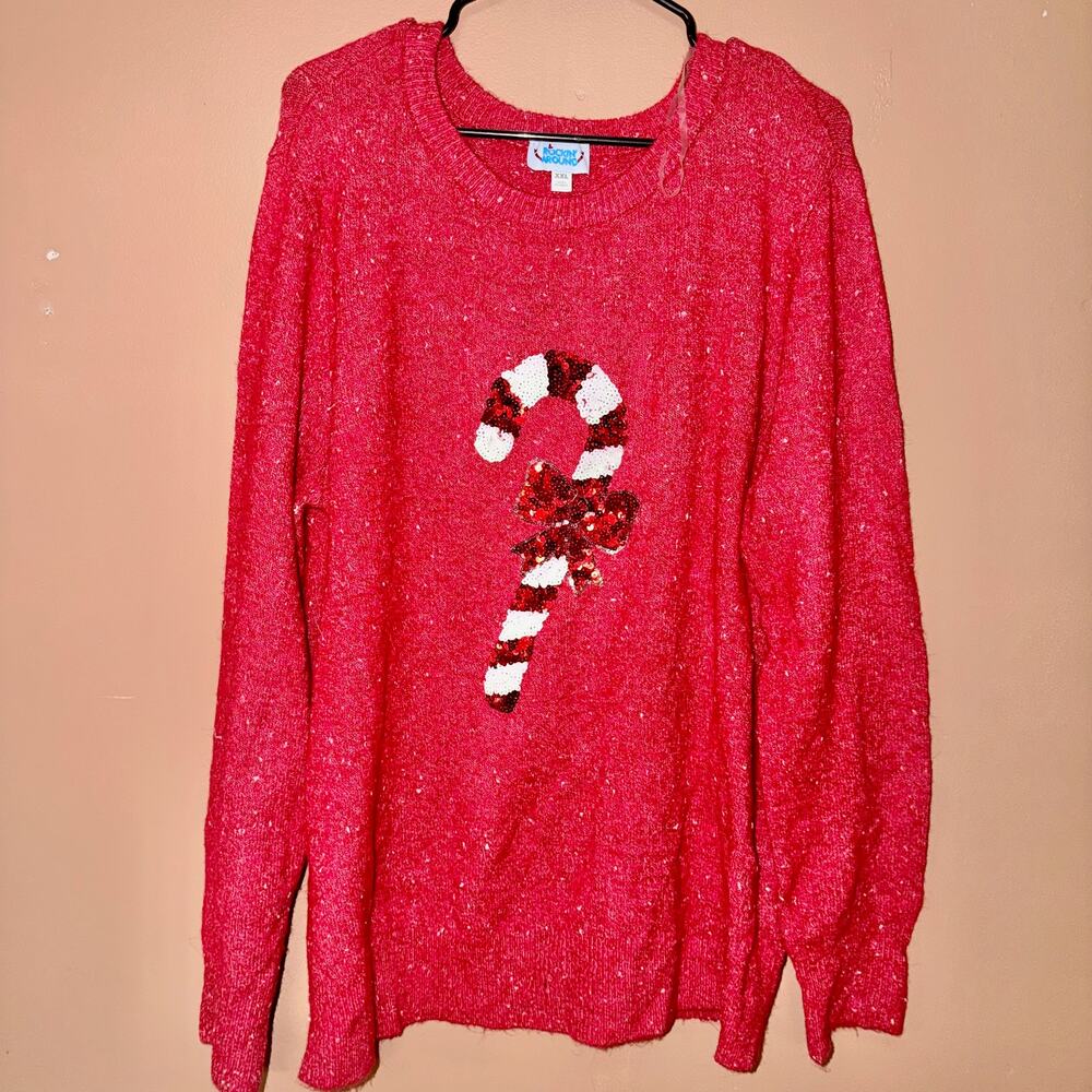 Rockin Around Women's Sequin Candy Cane Christmas Sweater Red - Size XXL